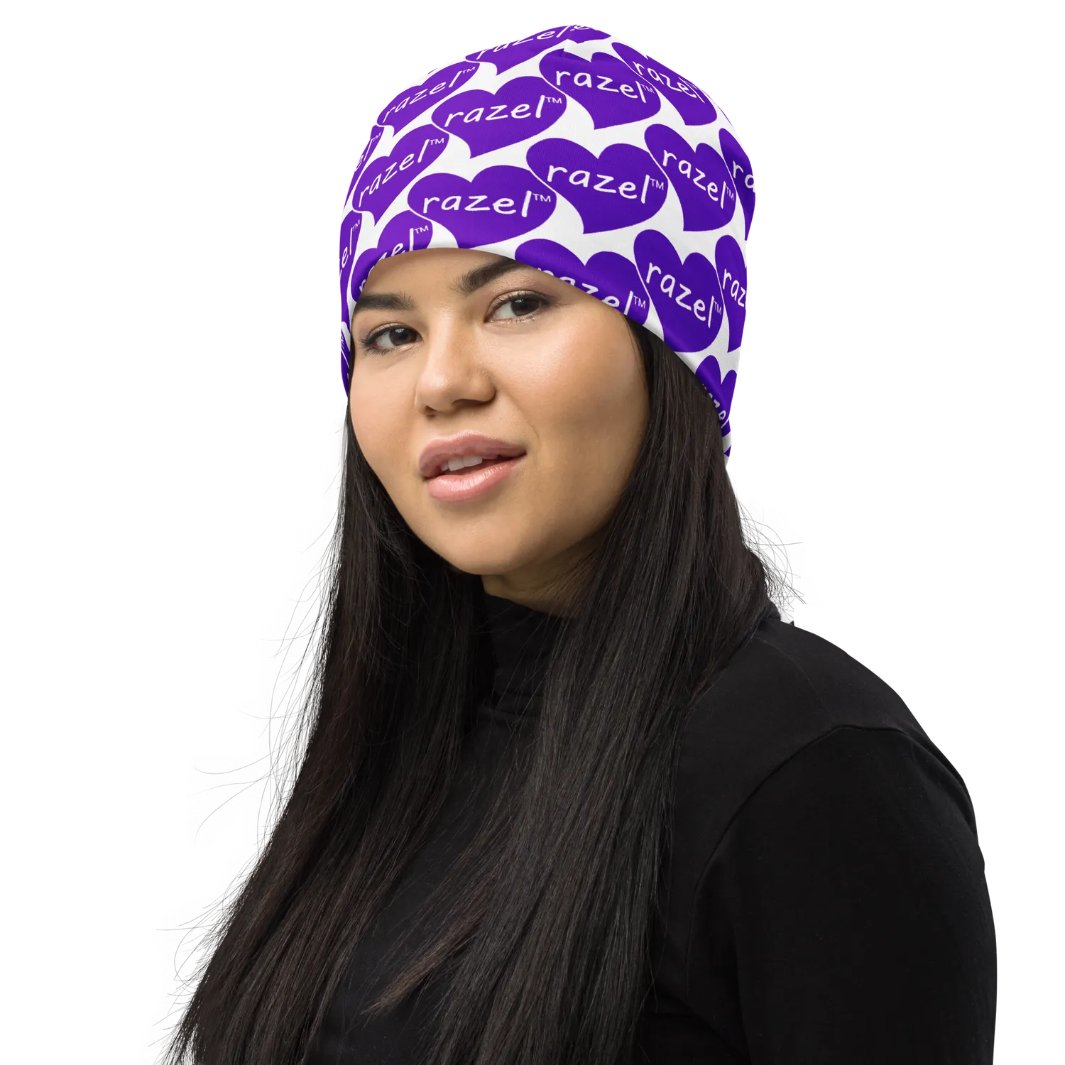 Razel Purple Hearted Beanie Muts Dubbellaags Zwart