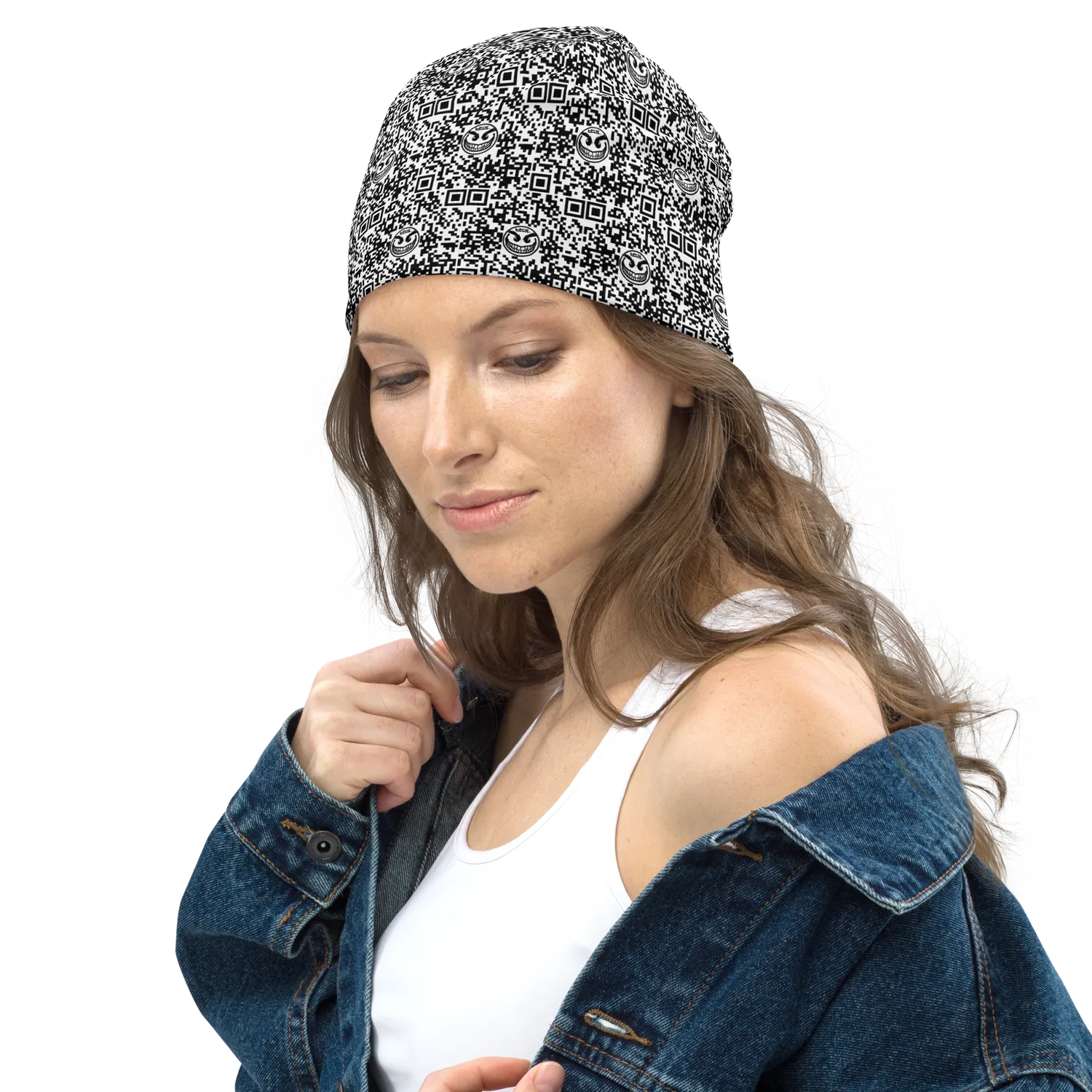 Razel Face QR Code beanie muts dubbellaags zwart